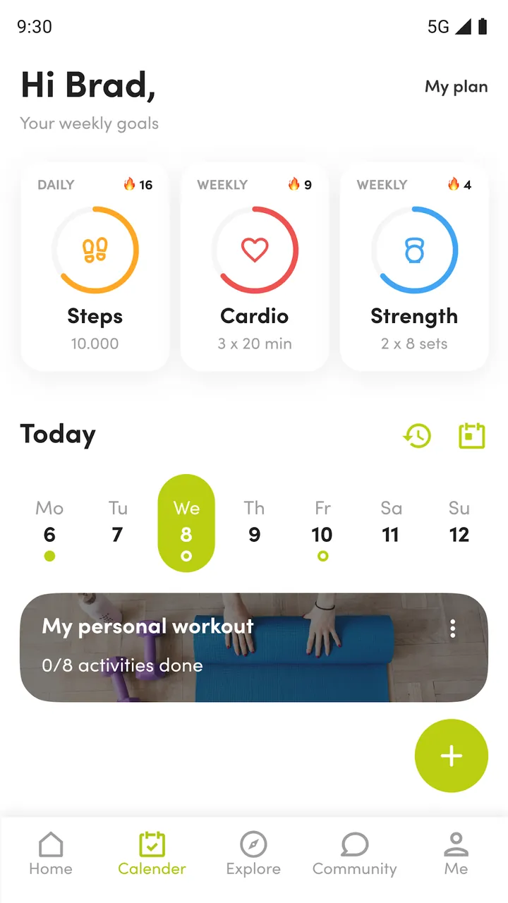Workout plan screen in the Lorena Méndez app